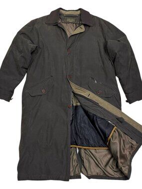 RAINFOREST Leather Trim Vintage Luxury Designer Long Trench Coat Mens Large